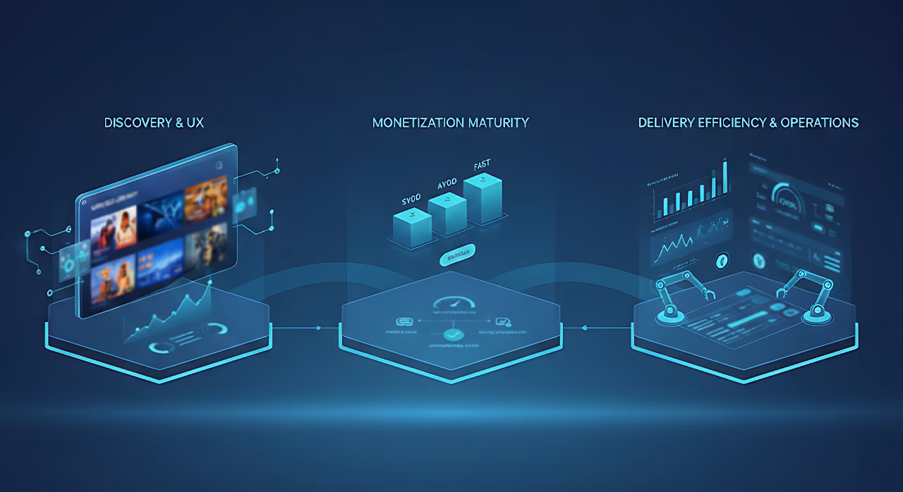 A digital infographic shows three stages: Discovery & UX with media thumbnails, Monetization Maturity with bar charts, and Delivery Efficiency & Operations with data dashboards.