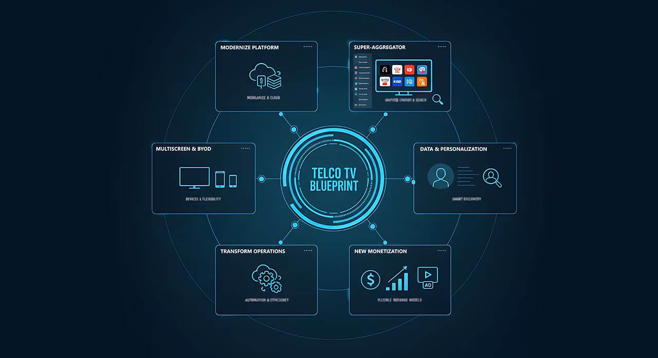 Digital blueprint graphic illustrating the interconnected components of the Telco TV Blueprint, including Monetization, Super-Aggregator, Data & Personalization, and operations.