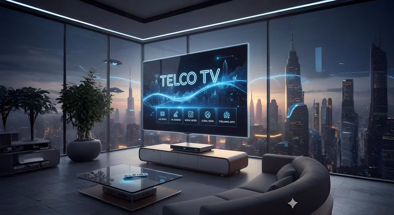 Modern living room with a large screen displaying "TELCO TV" interface overlooking a futuristic city skyline at dusk.