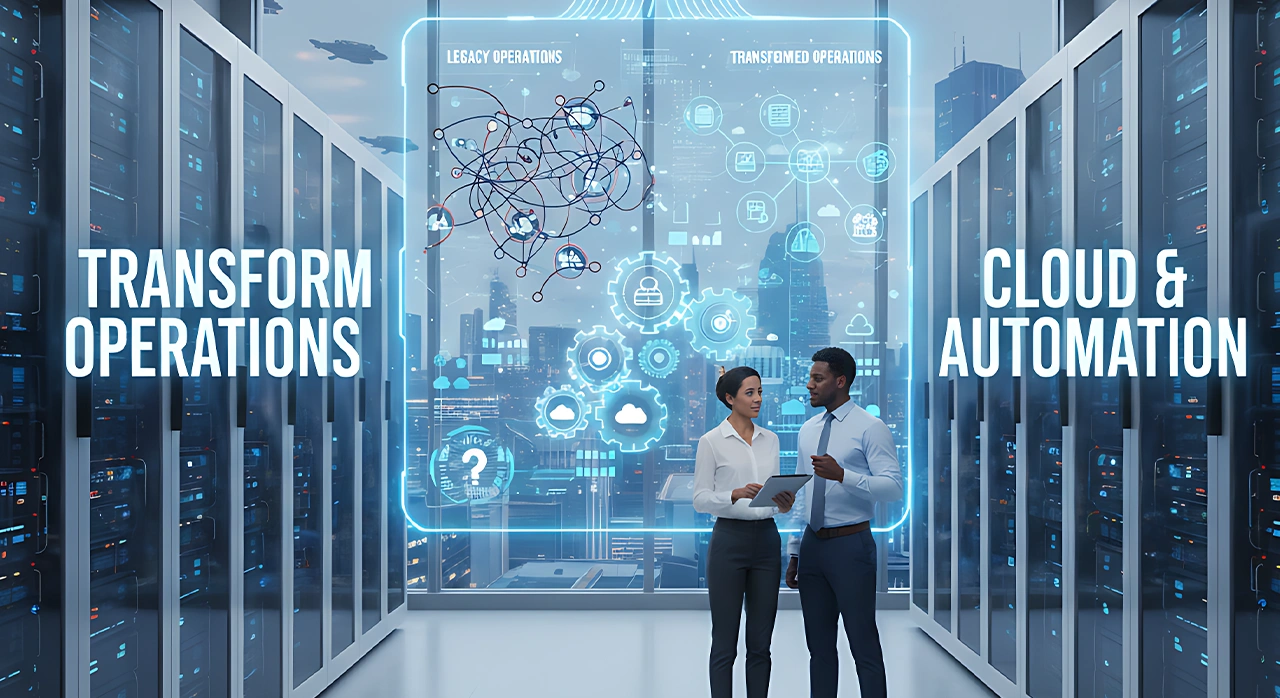 Two business professionals review a glowing digital interface comparing legacy and transformed operations data above a cityscape, set inside a modern server room.