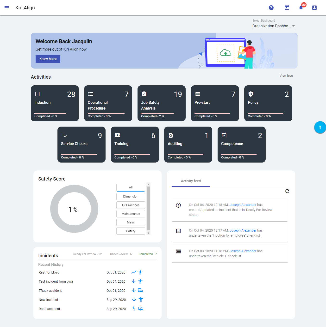 Track Activities on Dashboard - Kiri Align