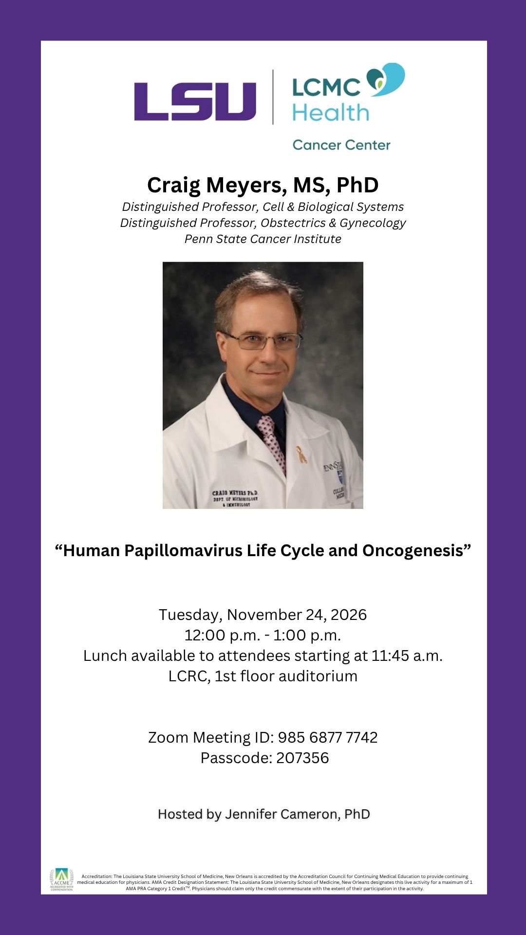 Seminar Speaker: Craig Meyers, MS, PhD