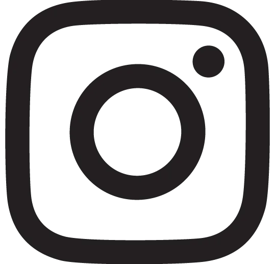 Black outline of Instagram logo; Square with rounded corners, a small filled out circle to the top right corner and a larger outline of a circle to the centre.