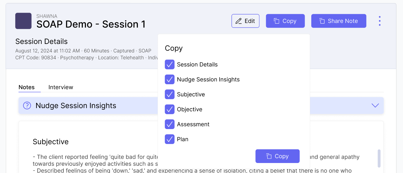 The copy button pop up on the top section of the notes page