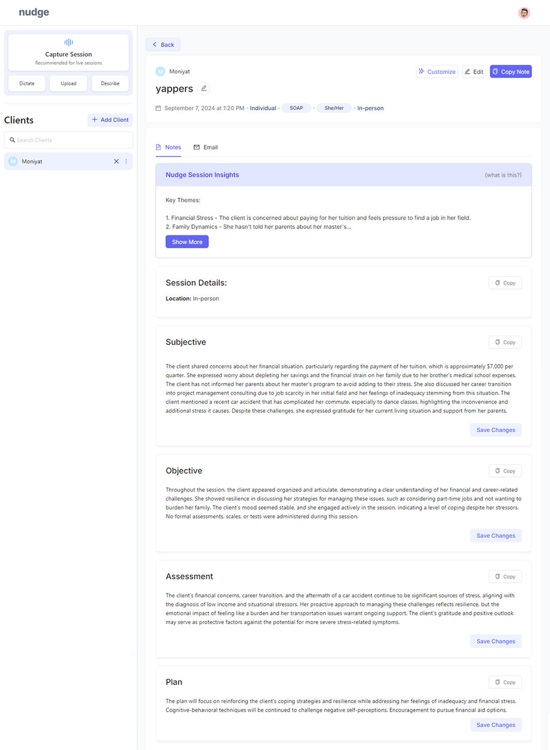 The original webpage for the note-taking feature on Nudge AI
