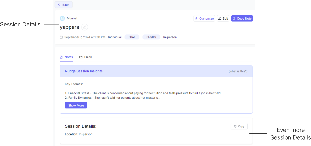 The top of the original note page where it shows two seperate sections with session details 