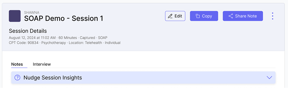 The top section of the notes page, showing the details about the notes and quick action buttons such as edit, copy, and share.