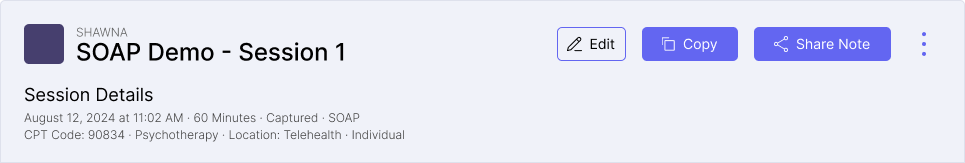 Header of Nudge AI's notetaking page that includes session details such as name of the session, note-type, client,  and location.