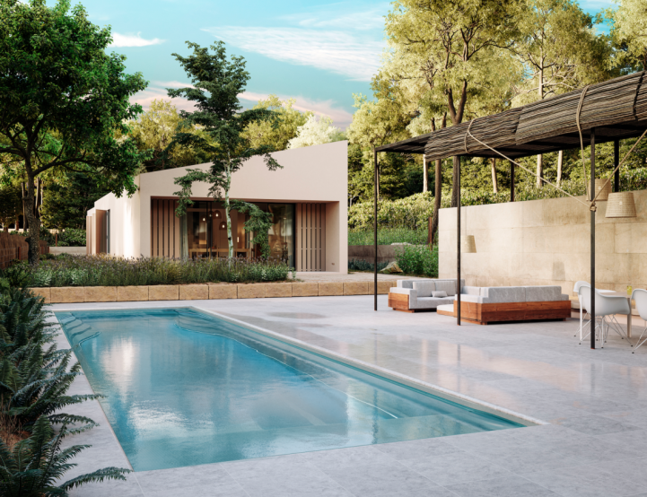Tuin met zwembad, loungebanken onder een pergola en moderne villa op de achtergrond