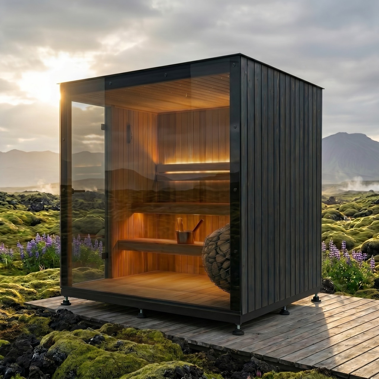 Buitensauna met glazen wand in een landschap met mos en lavasteen, sfeervol verlicht interieur