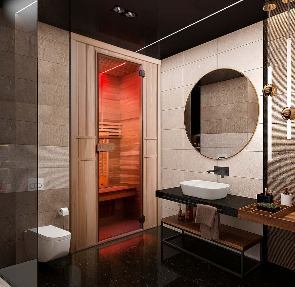 Moderne badkamer met houten sauna en rode verlichting