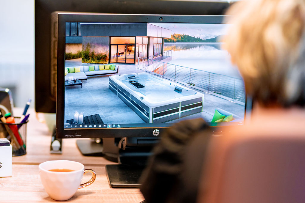 Computerscherm met modern ontwerp van een huis aan het water met jacuzzi