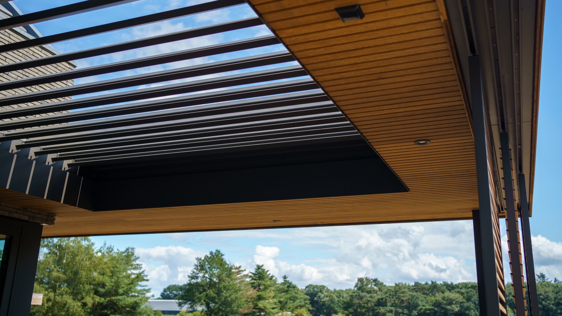 Renson terrasoverkapping met verstelbare lamellen en houten afwerking