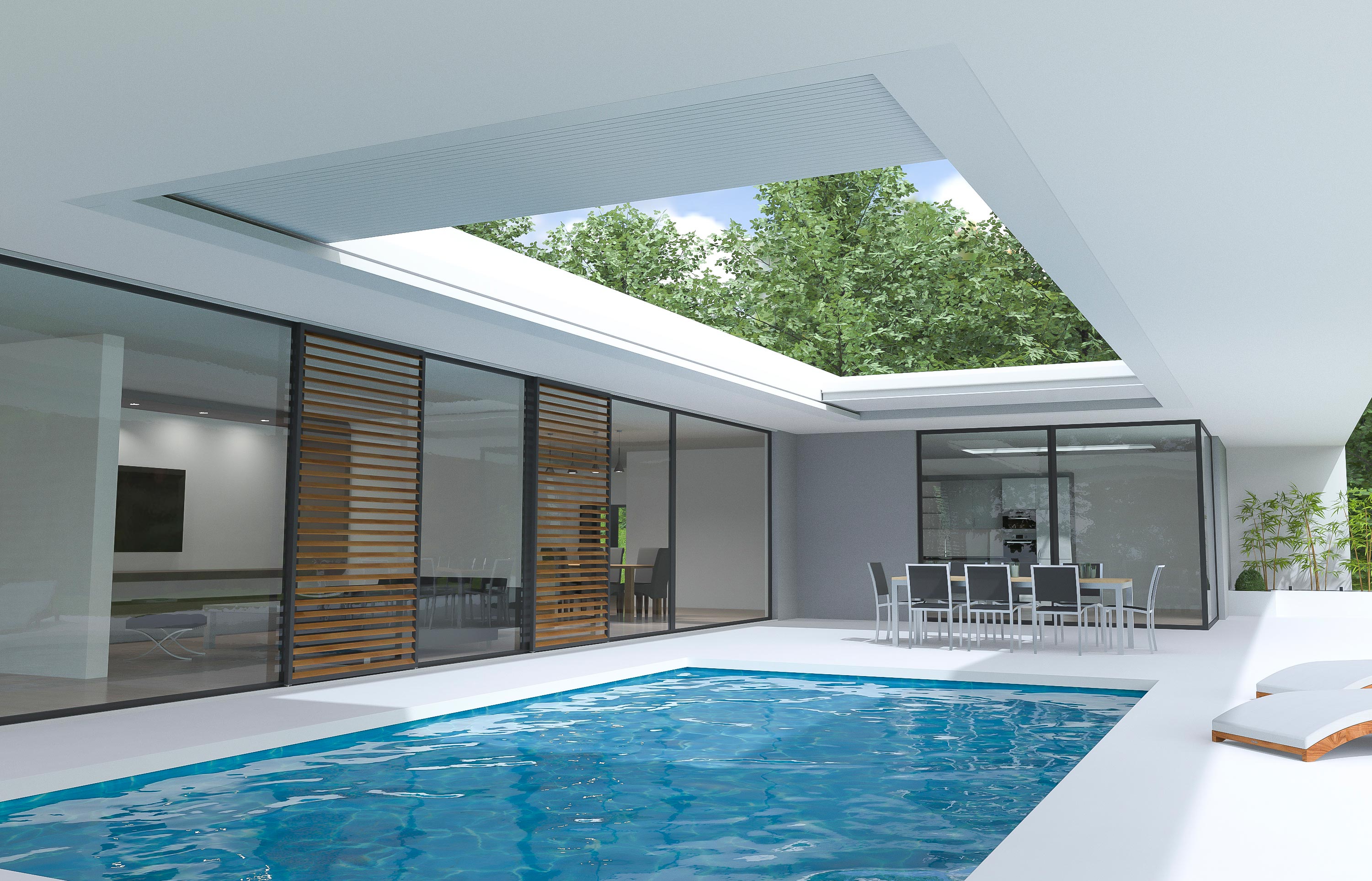 Moderne zwembad met glazen wanden voor ultiem outdoor relax gevoel