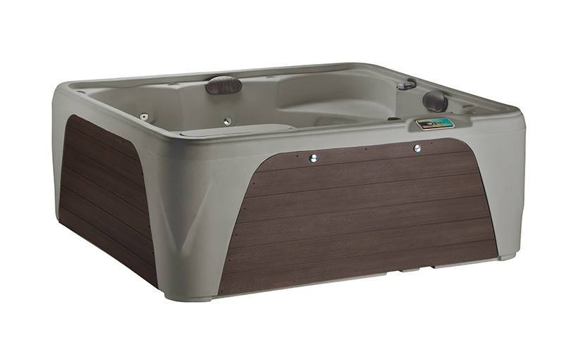 Fantasy spa-hottub met moderne houten afwerking en strakke grijze behuizing