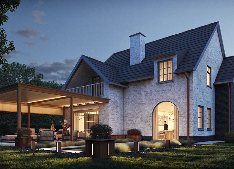 Sfeervol verlicht huis met overdekt terras en moderne tuin bij avond