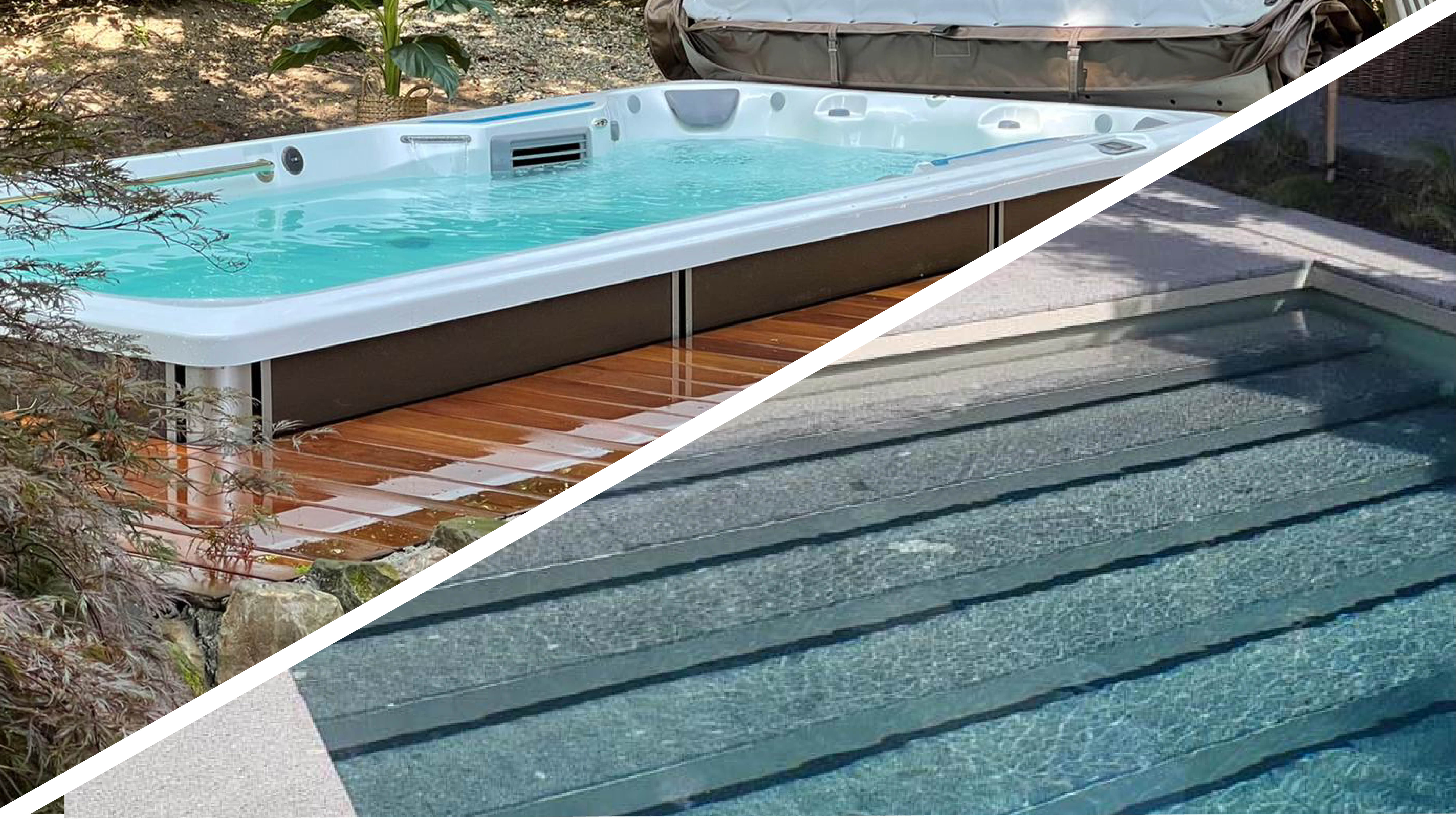 Moderne spa en zwembad met houten terras in groene omgeving