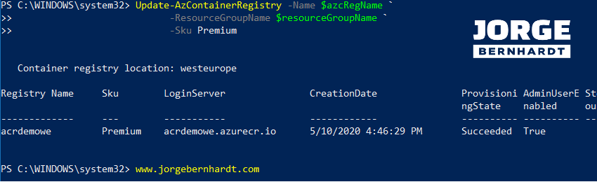 Update-AzContainerRegistry