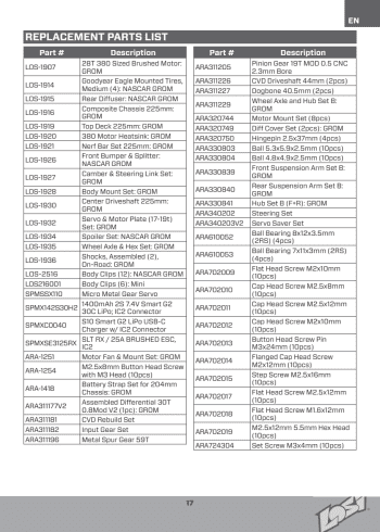 Team Losi NASCAR 1:12 Parts List