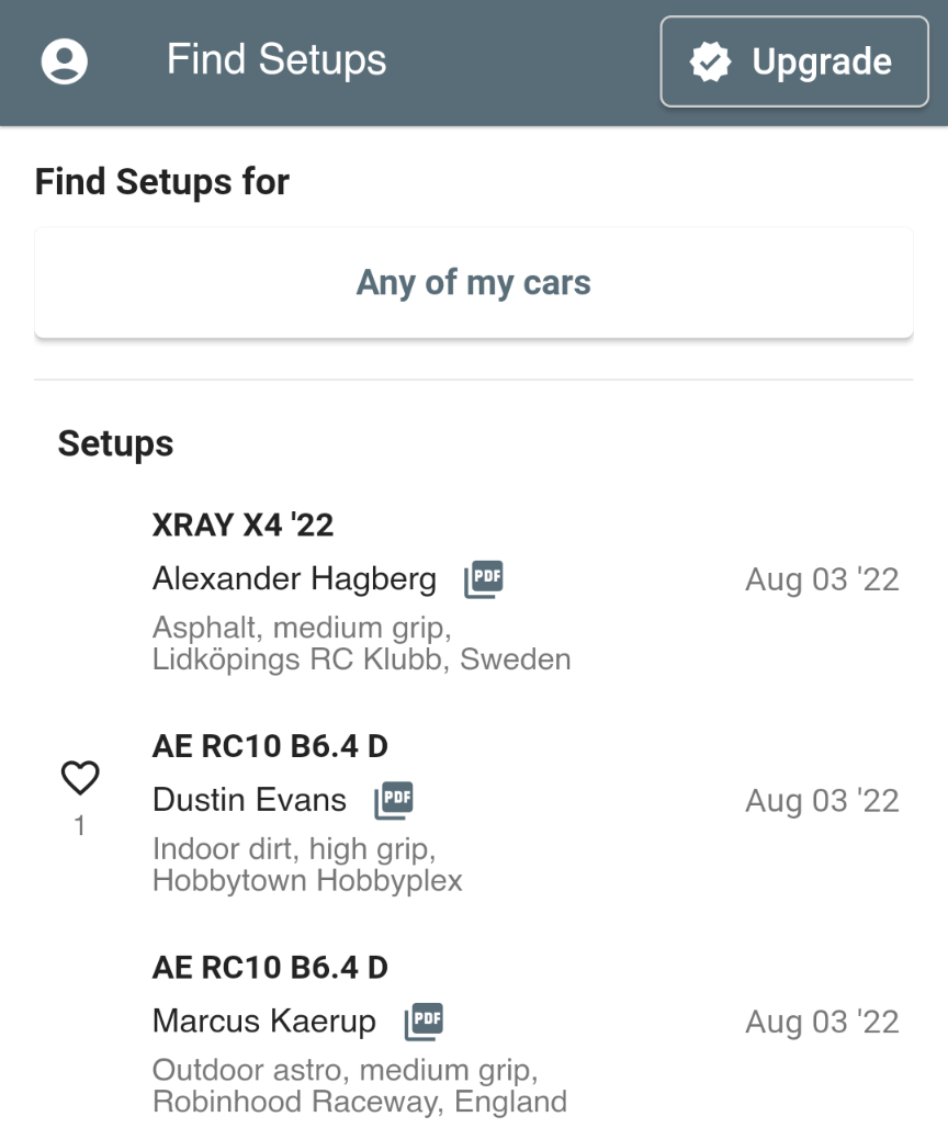 Screenshot of Find Setups tab