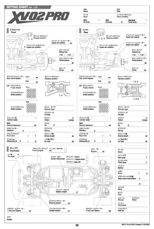 Tamiya XV-02 Pro Setup Sheet Blank