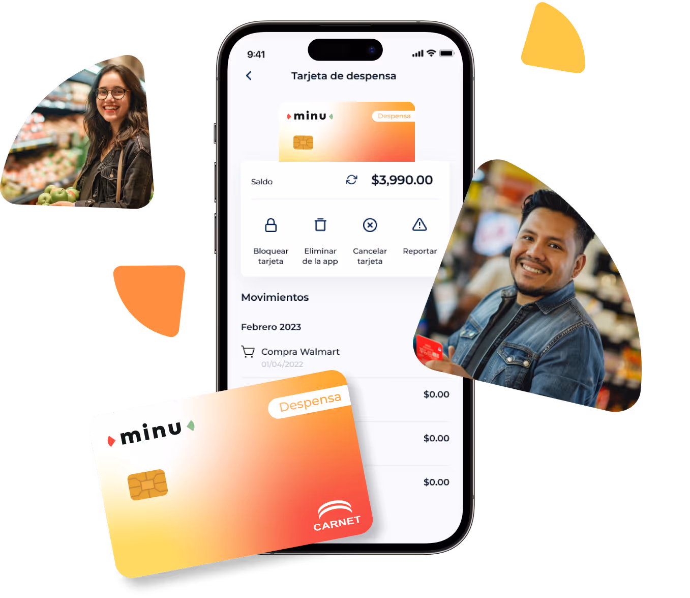 Teléfono con la pantalla de la app de minu en el apartado de vales de despensa, al frente una tarjeta física de los vales de despensa minu