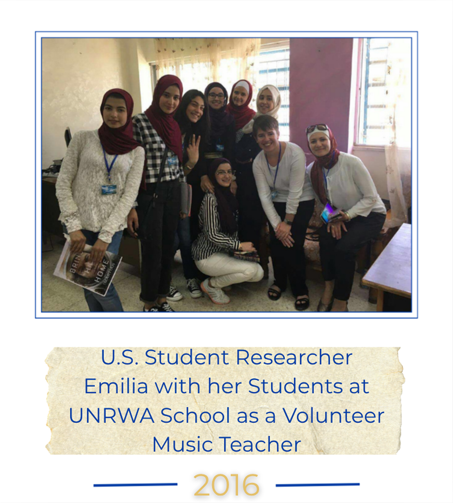 U.S. Student Researcher Emilia with her Students at UNRWA School as a Volunteer Music Teacher