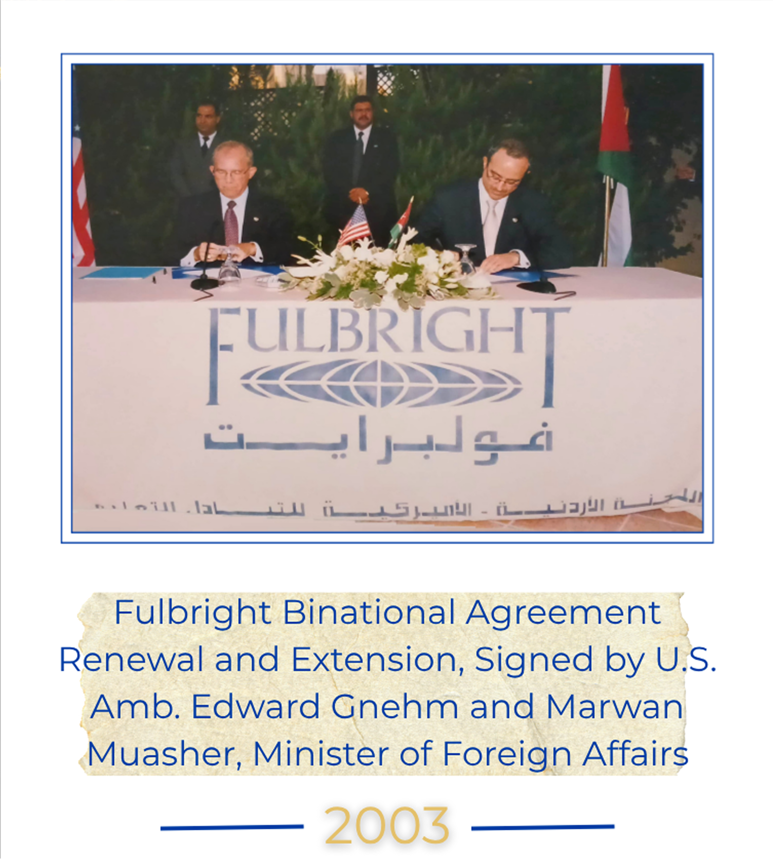 Fulbright Binational Agreement Renewal and Extension, Signed by U.S. Amb. Edward Gnehm and Marwan Muasher, Minister of Foreign Affairs