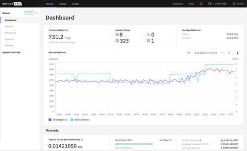 Braiin's Pool Bitcoin mining dashboard showing 5 minute hashrate of 731.2 TH/s, worker states with 8 active, 323 expired, 1 disconnected, and average hashrate for 1 hour and 24 hours, plus a graph of recent hashrate and active workers over time.