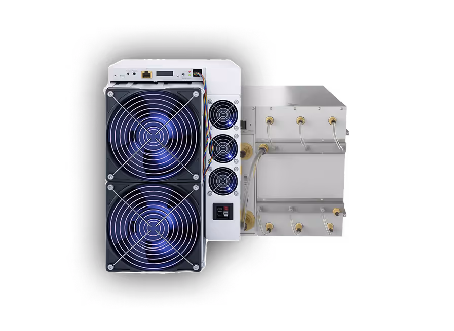 Cryptocurrency mining rig with dual large cooling fans and multiple smaller fans on the side.