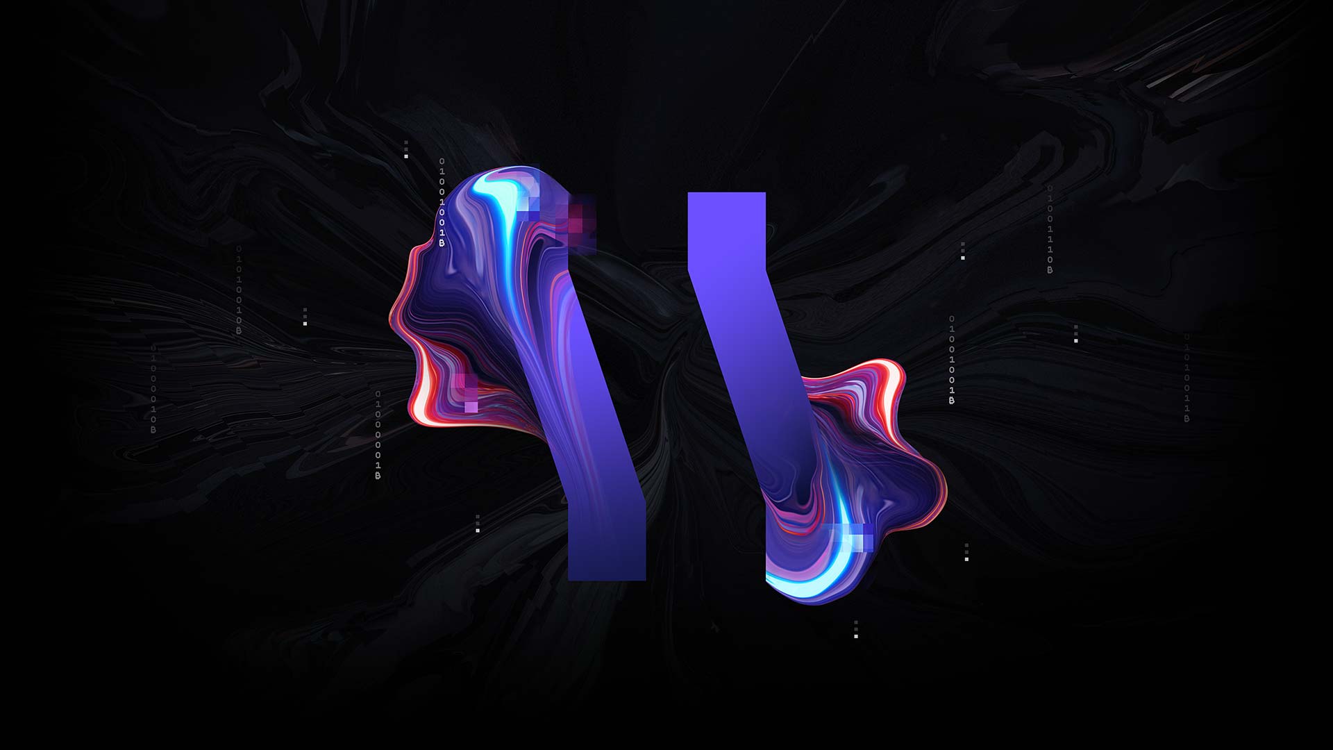 Abstract digital art featuring two purple rectangular shapes with colorful, distorted facial profiles on a dark flowing background with binary code accents.