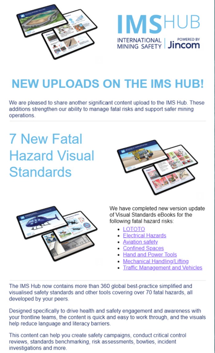Sample IMS Hub email update showing new fatal hazard Visual Standards uploaded to the Hub