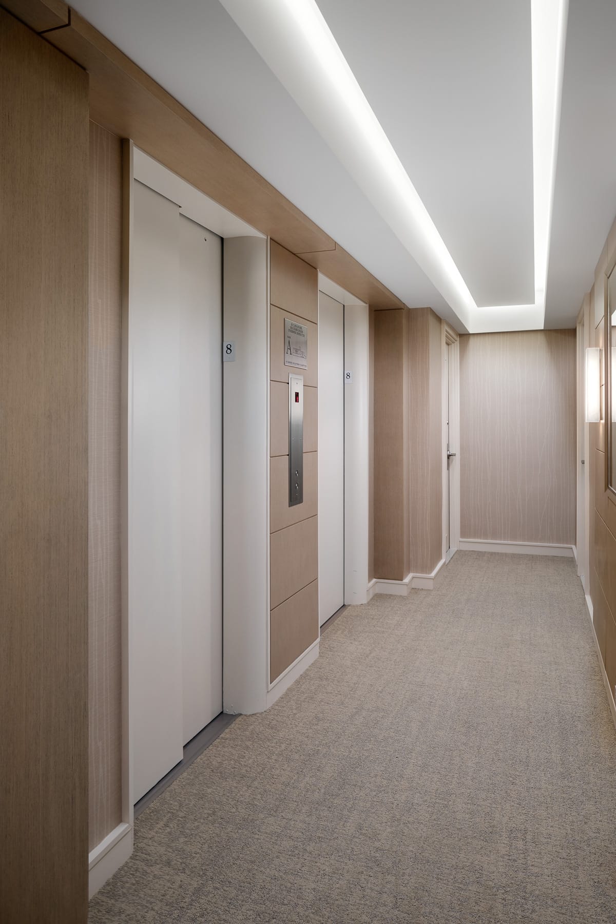 Modern elevator bay with light wood paneling, neutral carpet, and soft ceiling lighting.