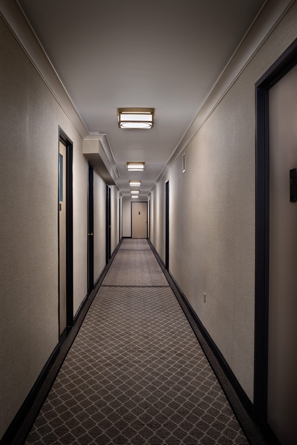 A long residential hallway has patterned carpet, light gray walls, dark-trimmed doors, and evenly spaced ceiling lights.