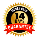 Gold and black badge with red ribbon stating 14 days money back guarantee.