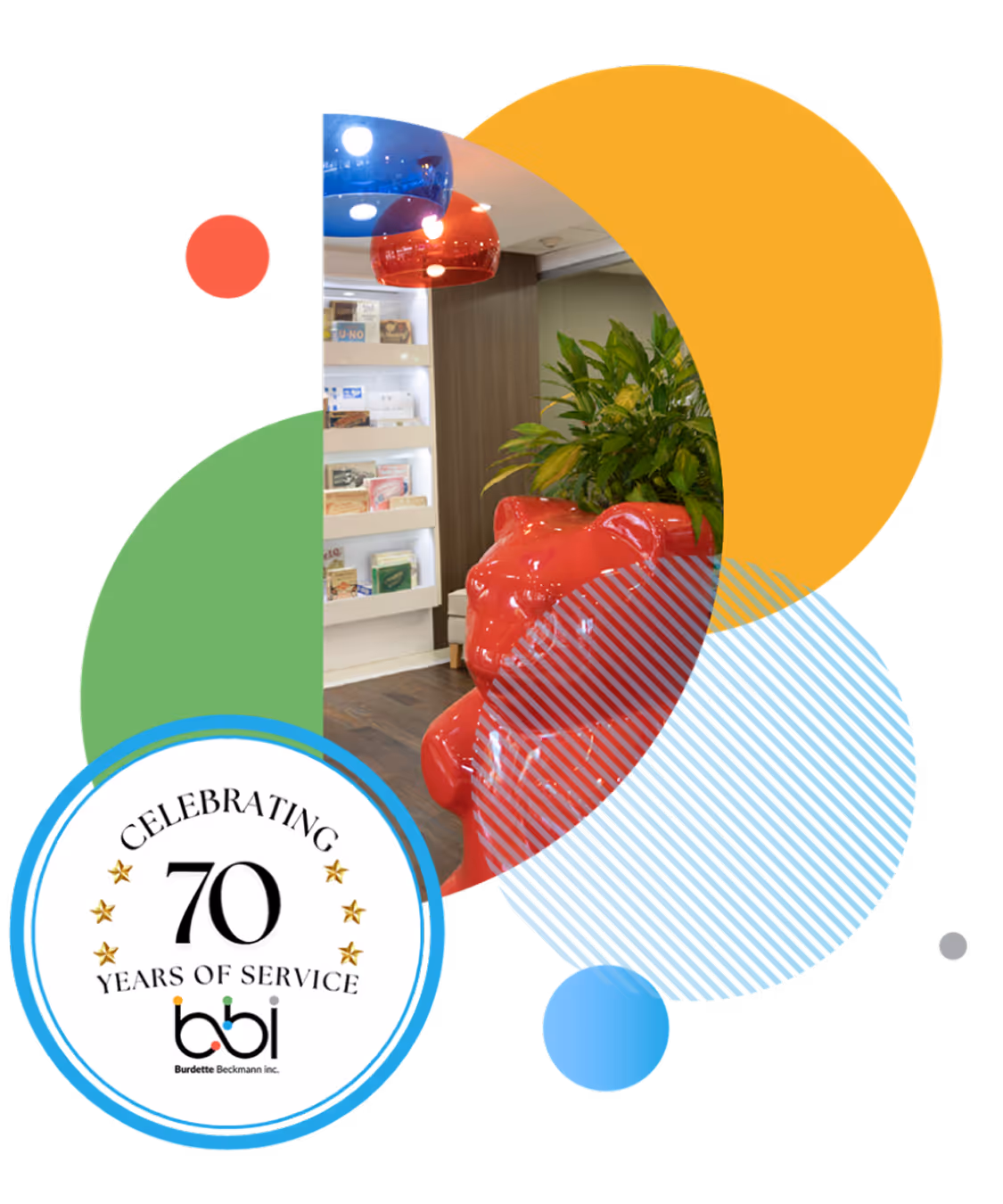 Colorful graphic with a photo of an office space and a badge reading ‘Celebrating 70 Years of Service'.