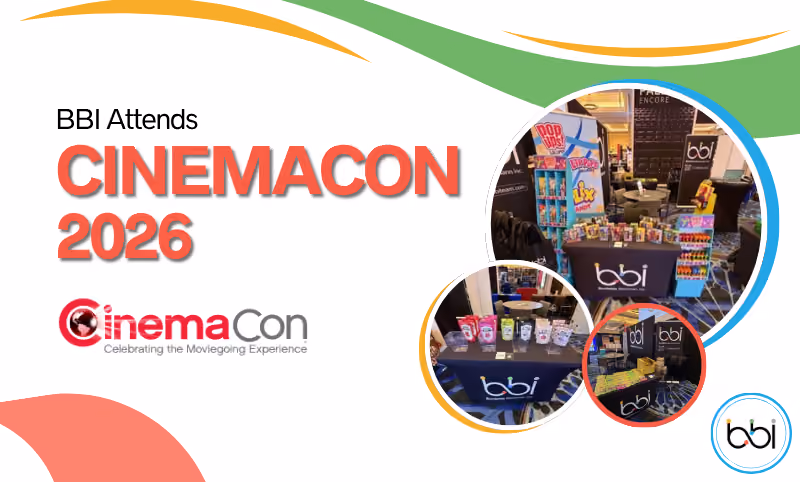 BBI Attends CinemaCon 2026, with the CinemaCon 'Celebrating the Moviegoing Experience' logo and three BBI booth displays of candy