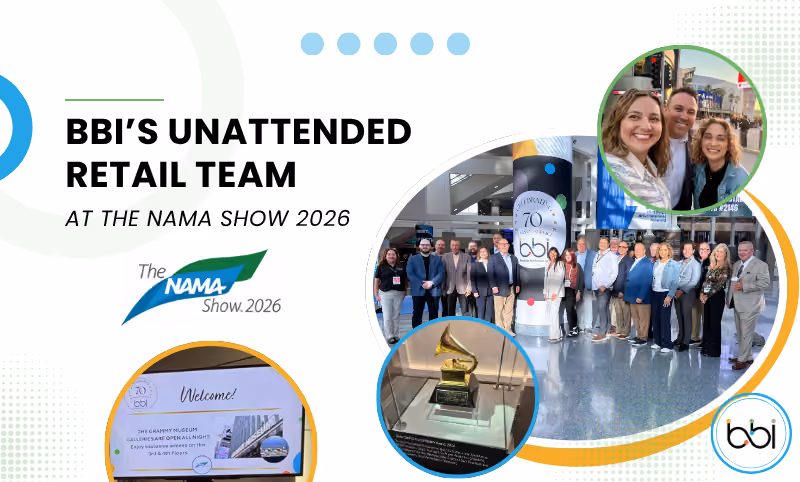 BBI's Unattended Retail Team at The NAMA Show 2026: a large group beside a BBI 70-years column and a Grammy display