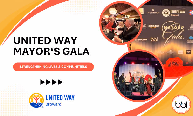 'United Way Mayor's Gala - Strengthening lives & communities' with the United Way Broward logo, the sponsor backdrop carrying the BBI logo, and performers on stage