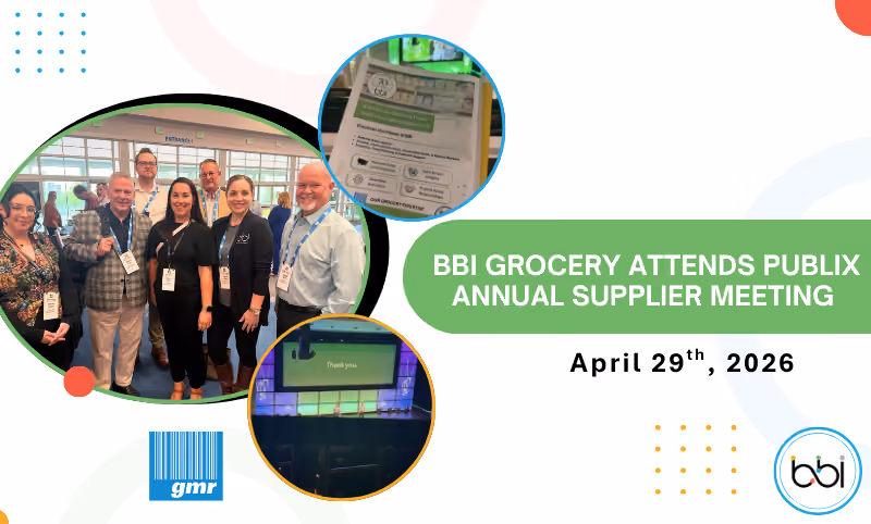 BBI Grocery Attends Publix Annual Supplier Meeting, April 29th 2026, with the team photo, a gmr logo and the event stage