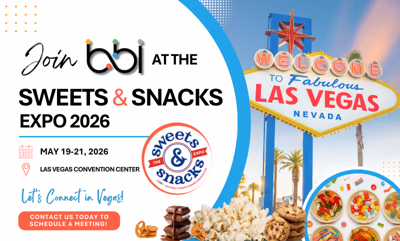 Join BBI at the Sweets & Snacks Expo 2026, May 19-21, 2026, Las Vegas Convention Center, with the Welcome to Fabulous Las Vegas sign and candy