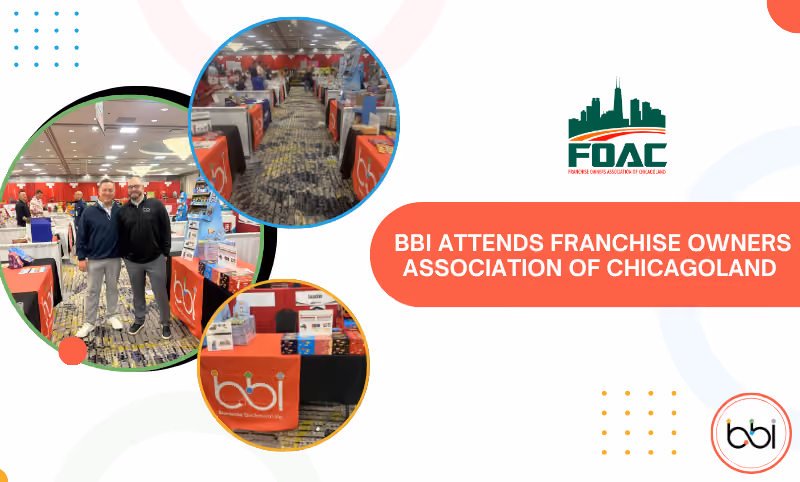 BBI Attends Franchise Owners Association of Chicagoland: two staff at the BBI booth, the show floor, and the FOAC logo