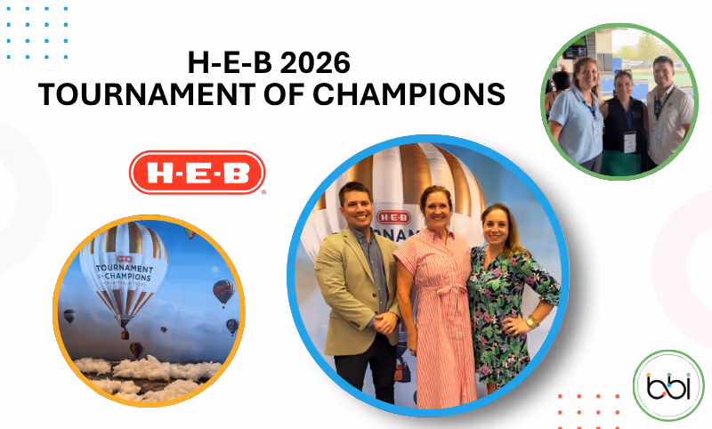 H-E-B 2026 Tournament of Champions, with the H-E-B logo, a branded hot air balloon and BBI staff at the event