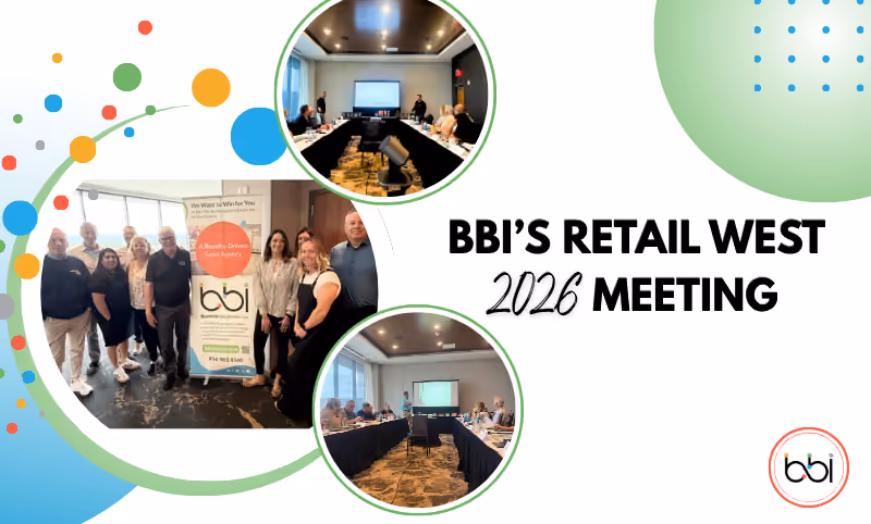 BBI's Retail West 2026 Meeting: the team posed beside a BBI banner and two conference room sessions