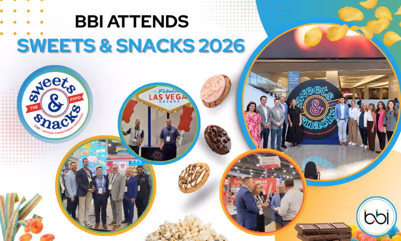 BBI Attends Sweets & Snacks 2026, a collage of the expo logo, a Welcome to Las Vegas booth, associates at the expo entrance sign, and sweets and snacks