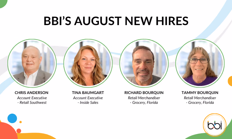 BBI August new hires announcement featuring Chris Anderson, Tina Baumgart, Richard Bourquin and Tammy Bourquin