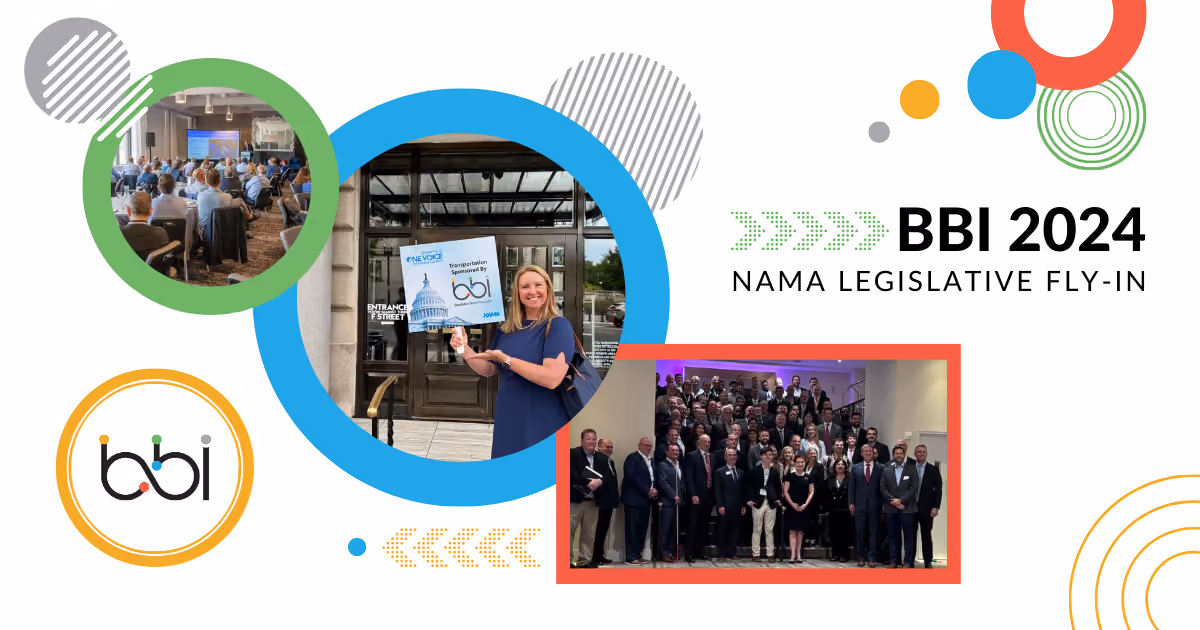 BBI 2024 NAMA Legislative Fly-In: collage of a conference session, a BBI sponsor sign and attendees on Capitol Hill.