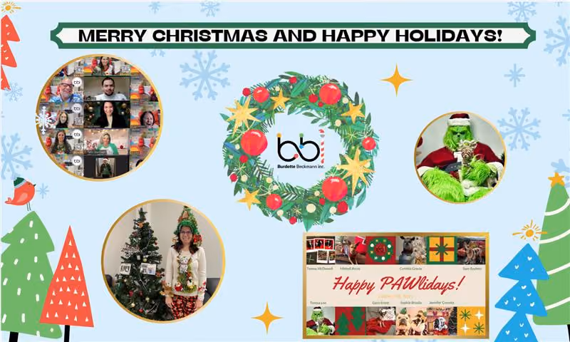 BBI holiday greeting: team video call, a BBI wreath, costumed associates and a Happy PAWlidays pet collage.
