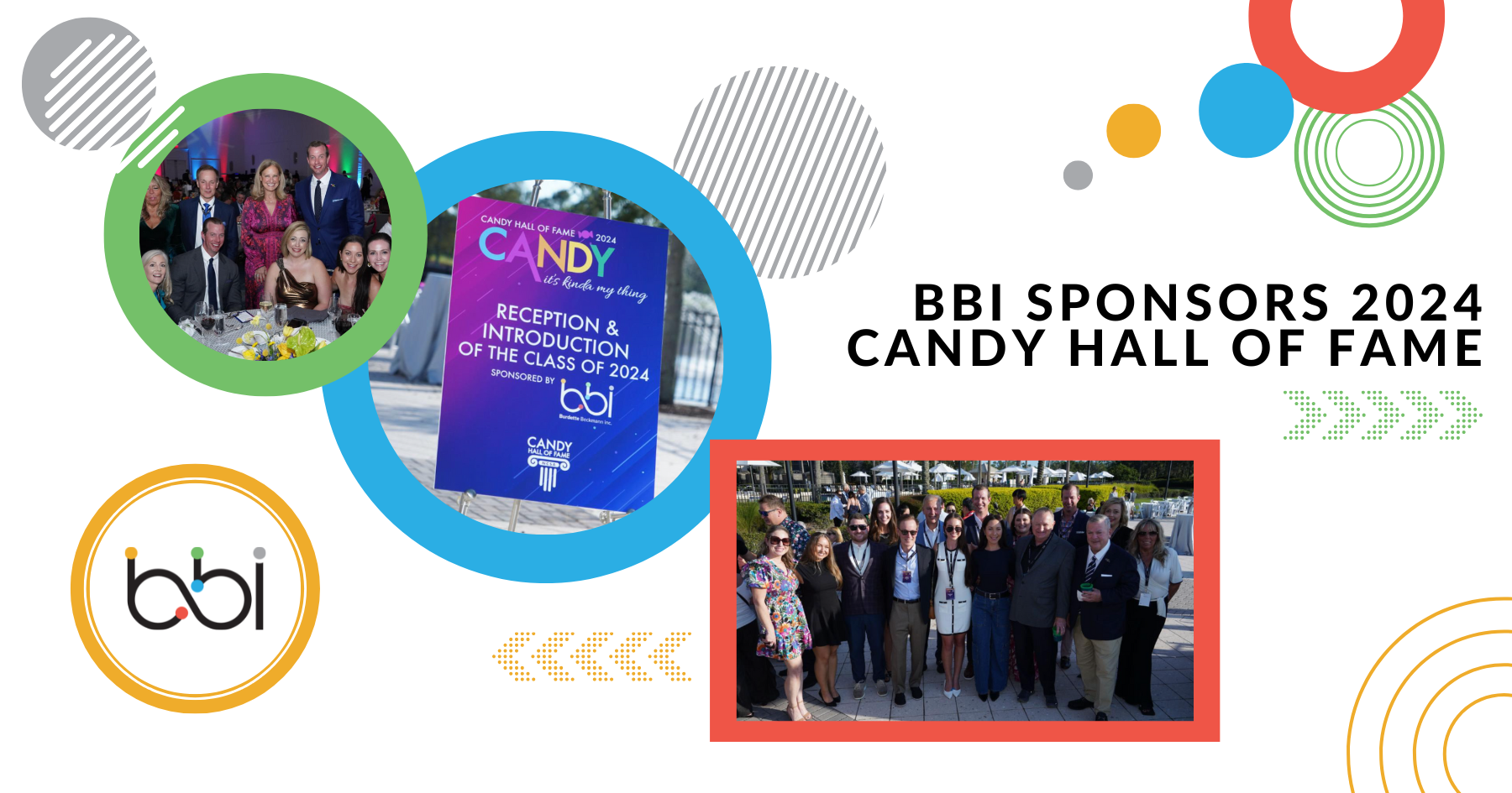 BBI Sponsors 2024 Candy Hall of Fame, with the Class of 2024 reception sign and group photos from the event