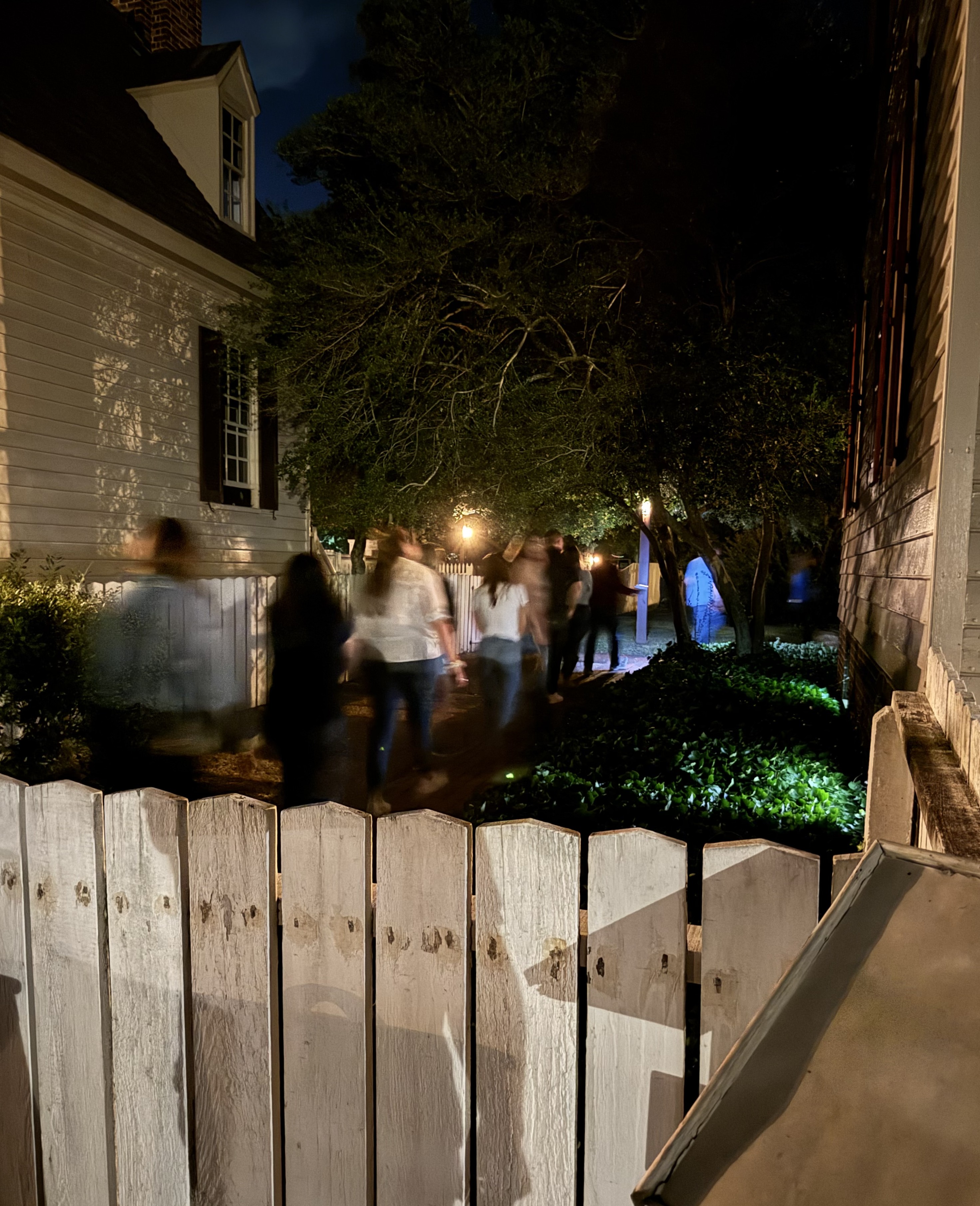 Blurred group of people walking past a white picket fence along a dark tree-lined path at night.